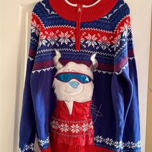 Men’s Christmas Sweater w/ skiing mountain goat -great for Xmas Parties! Size L